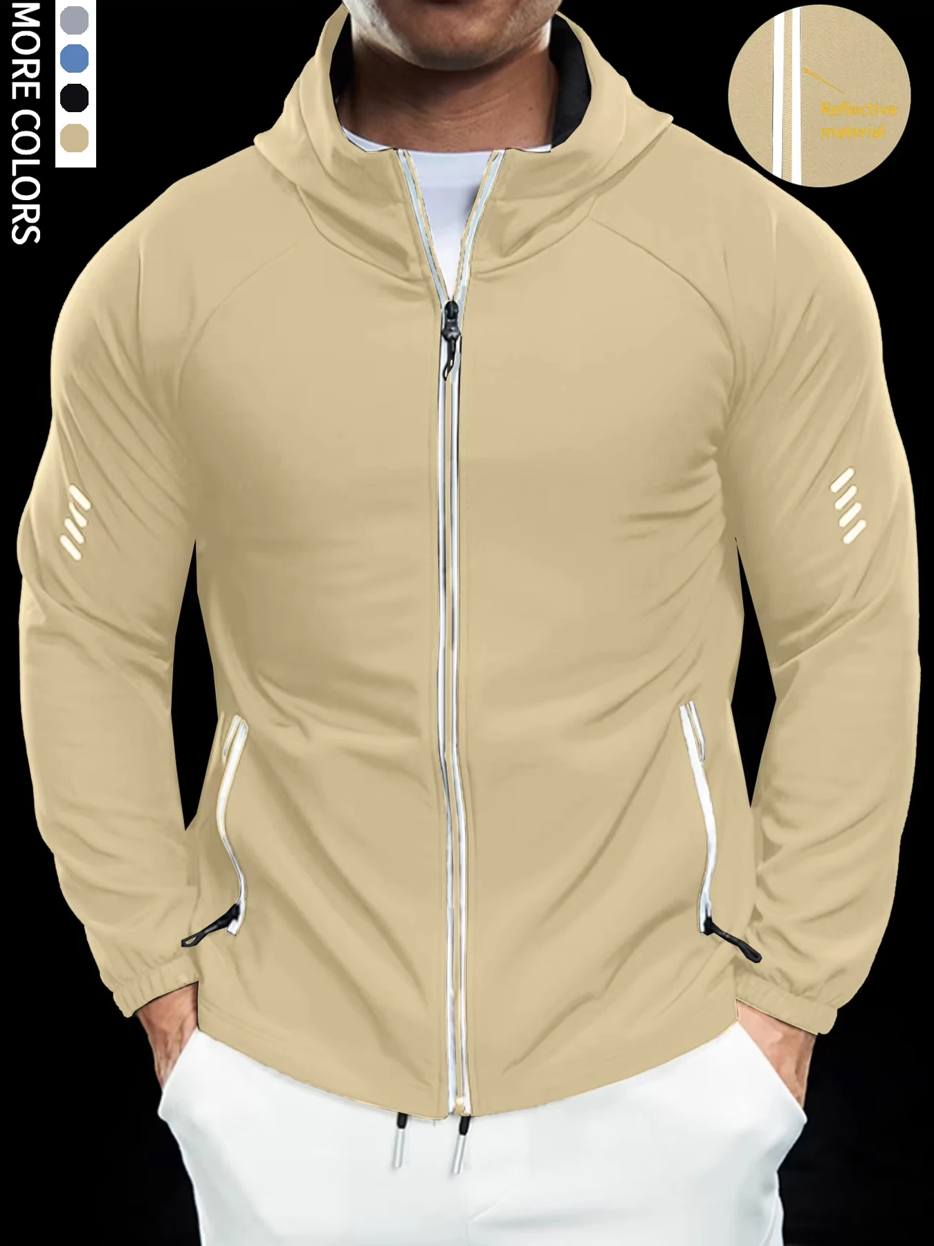 سترة بغطاء للرأس للرجال، مقاومة للماء، سحاب عاكس، رياضي، خارجي، تخييم، متعدد المواسم، يمكن إرسالها إلى صديقك #2