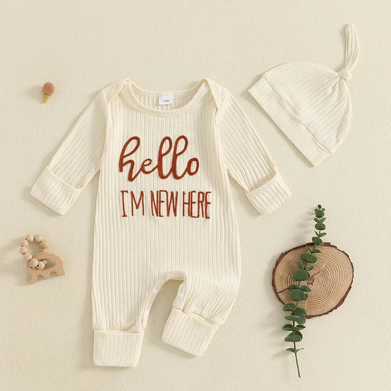 Baby Boys Spring Autumn Jumpsuit Newborn  Ribbed Letter Embroidery Long Sleeve Romper  Hat Clothes