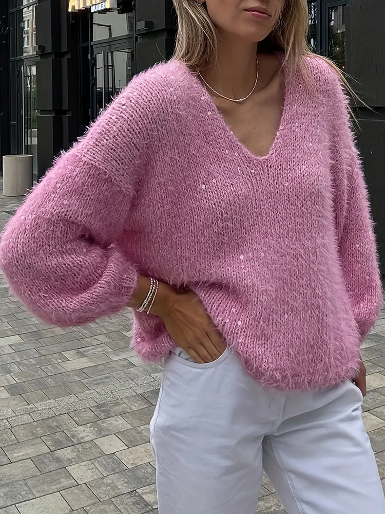 

Сплошной цвет свитер с v-образным вырезом и длинными рукавами, модные повседневные вязаные пуловеры с блестками, женские осенне-зимние новые свободные джемперы для поездок на работу