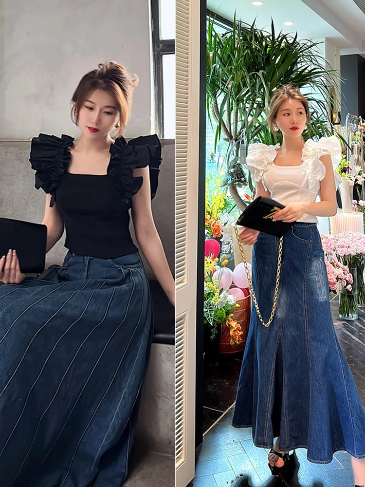 

YANGXIAOJING 2024 Spring Summer Slim Fit White ort Sve T-irt And Denim Skirt Set Ele Sle Cotton Blend