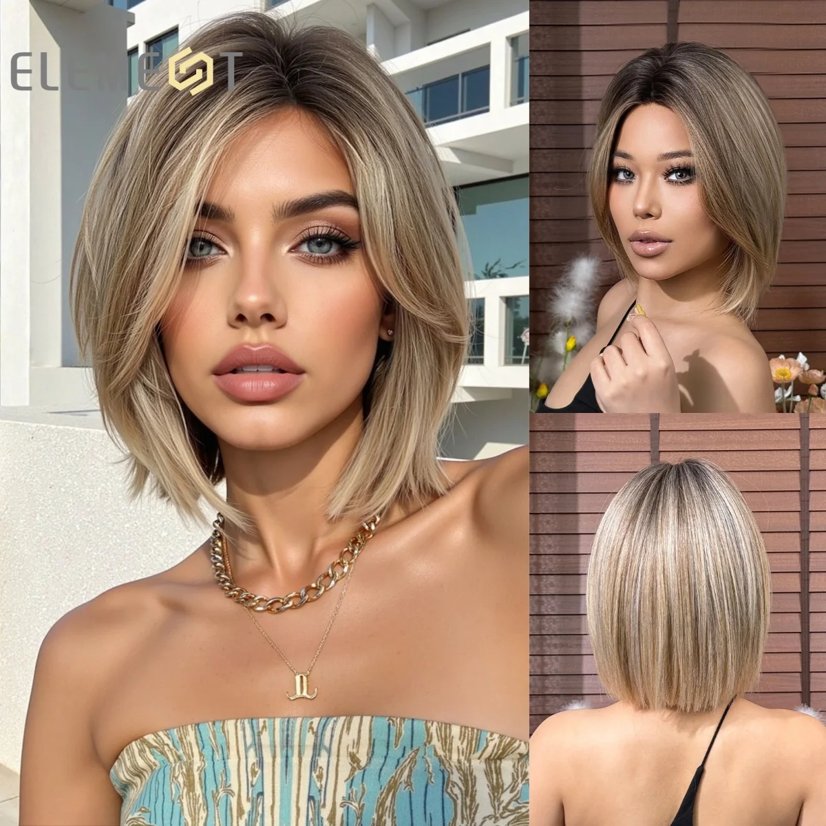 Element Golden Brown Ombre Short Straight Synthetic Wig with Bangs for Women Heat Resistant Hair for Daily Party Cosplay