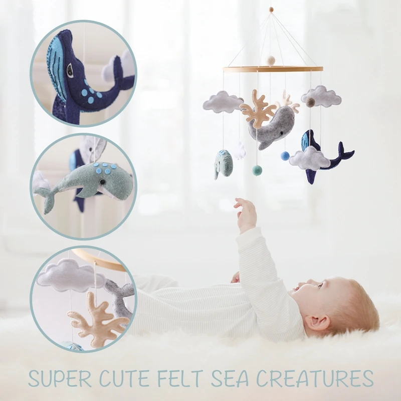 Crib Mobile Baby Rattle Toys Soft Felt Cartoon Marine Animals Whale Bed Bell Toys Hanger Crib Mobile Bed Bell Wood Bracket Gifts