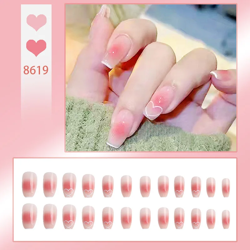 Short False White Hollow Love Heart Pink Cheek Effect French Fake Nail Tips Full Cover Acrylic For Girls Fingernails