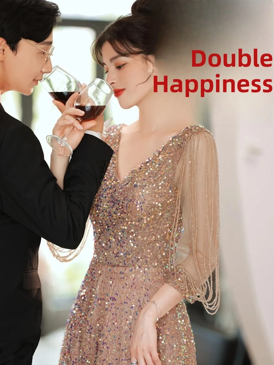 

Evening Gown Bridal 2025 New Host Performance Dr Ball Attractiven Sequin Dr plus Size Fat MM Extra Large Size