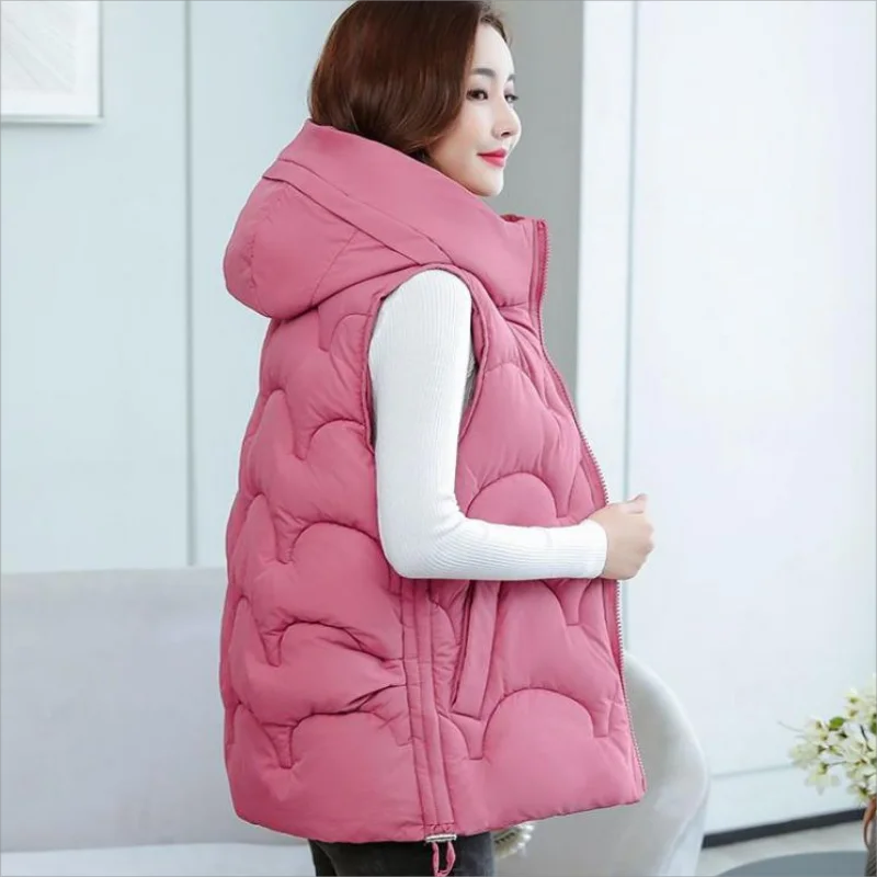 

Middle-aged Women's Down Cotton Vest Coat New Autumn Winter Jacket Hooded Mid Length Sleeveless Jacket Female Waistcoat