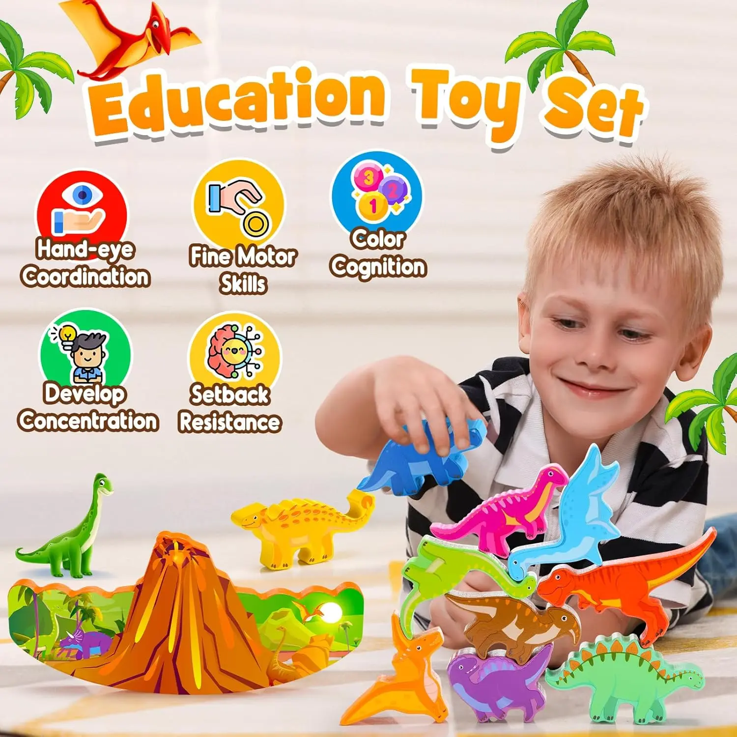 ของเล่นไดโนเสาร์สำหรับเด็กอายุ 2-7 ปี บล็อกไม้แบบซ้อน Montessori ของเล่นสำหรับเด็กอายุ 3 4 5 6 7 8 ปี ของขวัญวันเกิดสำหรับเด็กชายและเด็กหญิง