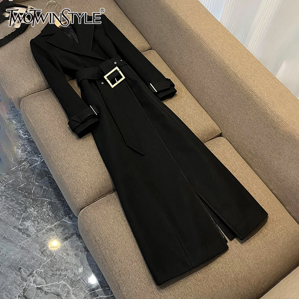 

TWOTWINSTYLE однотонные элегантные шерстяные куртки для женщин с v-образным вырезом и длинными рукавами, темпераментное пальто, женская мода KJA533386