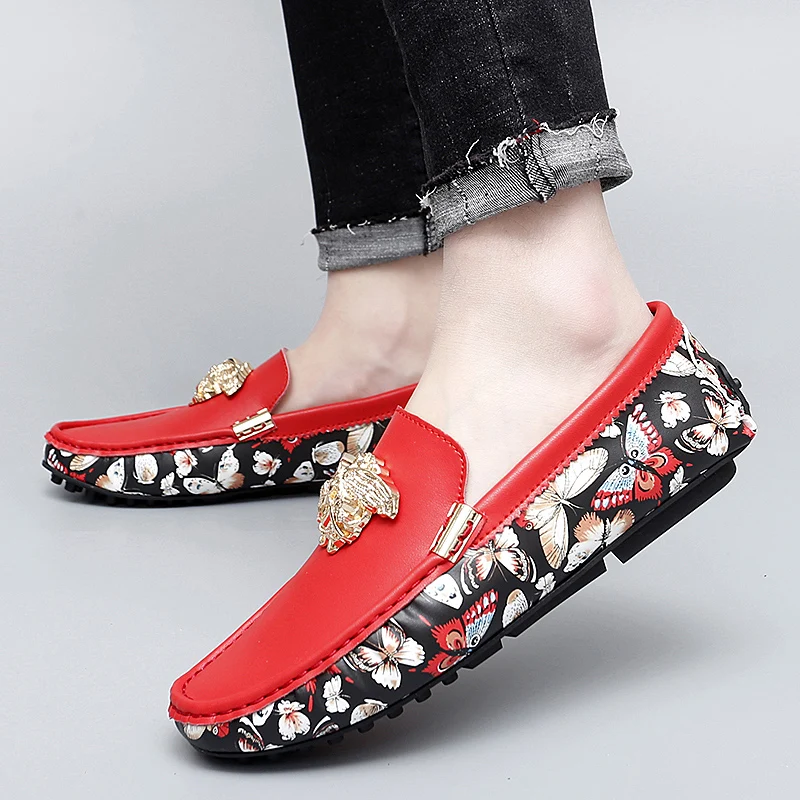 

New Spring and Summer Casual Loafers Red Beanie Shoes Men's Shoes Soft Leather Slip-On Driving Breathable Lazy Shoes