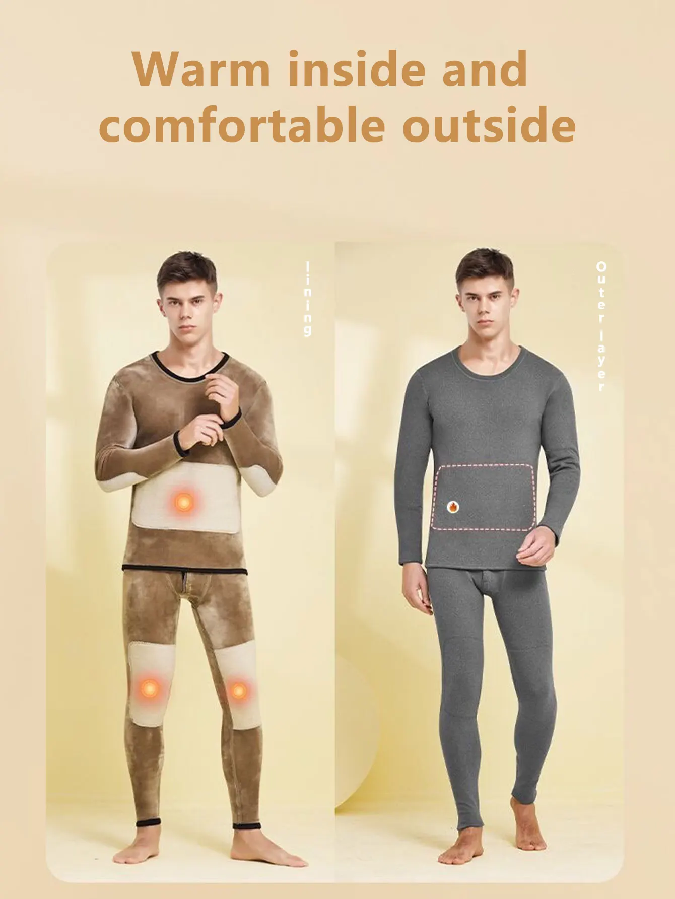 Men\'s thermal underwear wool lined base set, suitable for winter sleepwear set in cold weather