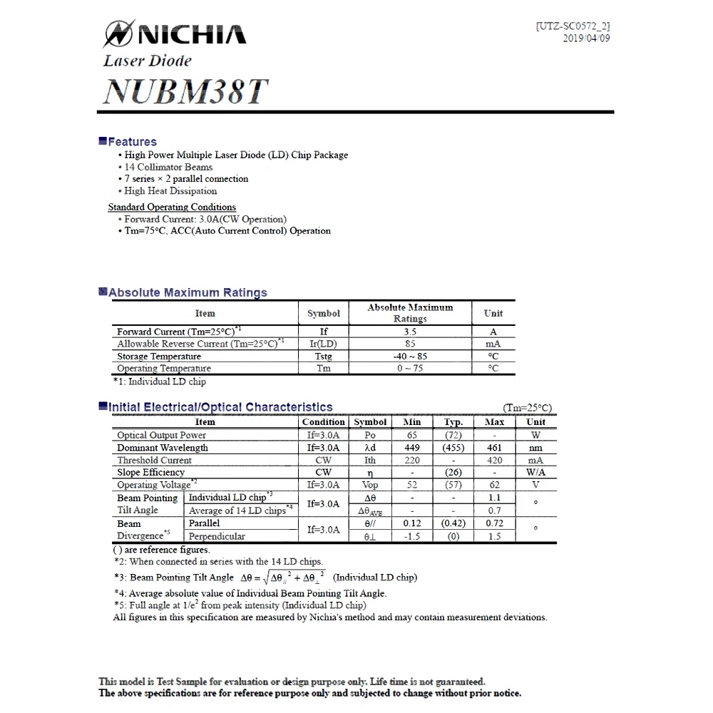 Secondhand 455nm 74W NUBM38 Blue Laser Diode Chip Array Multiple