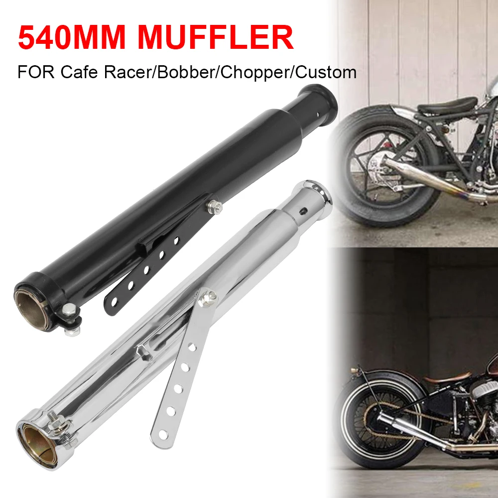 

1X 540MM Black/ Chrome Motorcycle Retro Tail Exhaust Muffler Pipe With Reducer For Harley Cafe Racer Bobber Chopper Custom