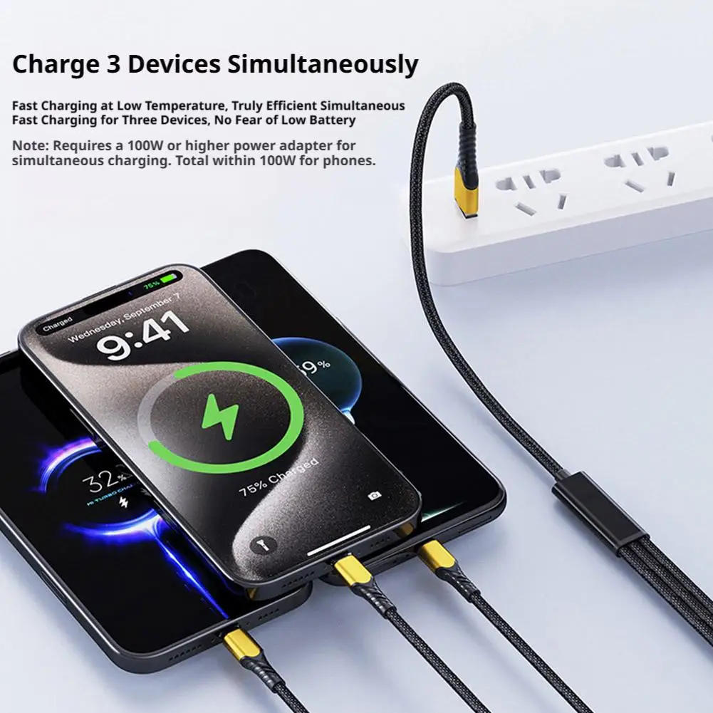 100W Braided Spring 3 In 1 USB C To 3 Type C Cable Fast Charging Phone Cable Suitable For Type-C Laptop Data Cable