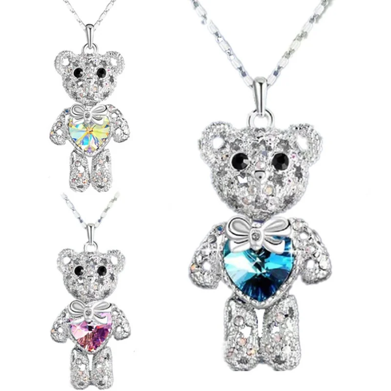 Fashion Heart Crystal Zircon Bear Necklace Animal Jewelry Lovely Bear Pendant Necklaces for Women Birthday Paty Anniversary Gift