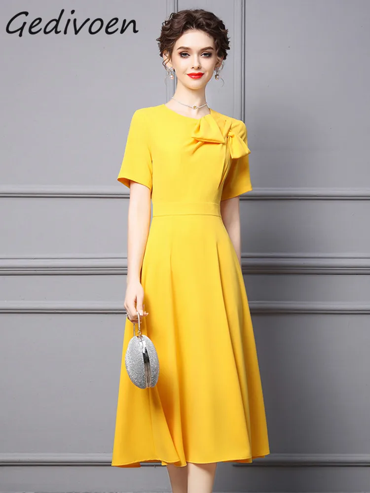 

Gedivoen Summer Fashion Runway Elegant Yellow Party Dress Women O-Neck Bow Ruched Gathered Waist Ruffle Loose A-Line Long Dress