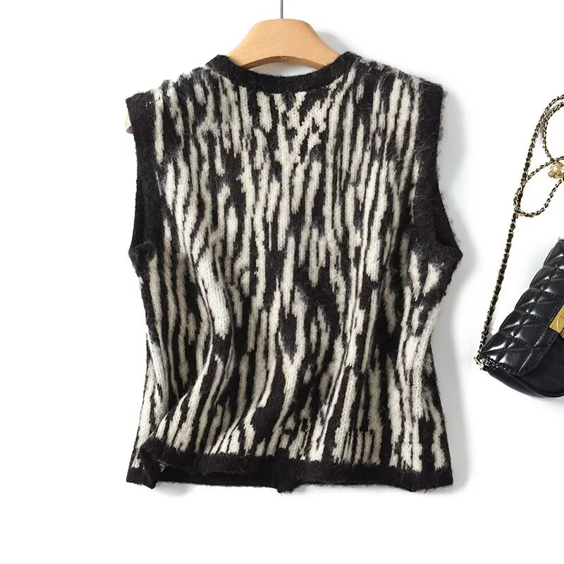 YENKYE, nuevo chaleco de punto con estampado de cebra de estilo Retro moderno para ir al trabajo para mujer, abrigo corto sin mangas con cuello en V y una hilera de botones para otoño