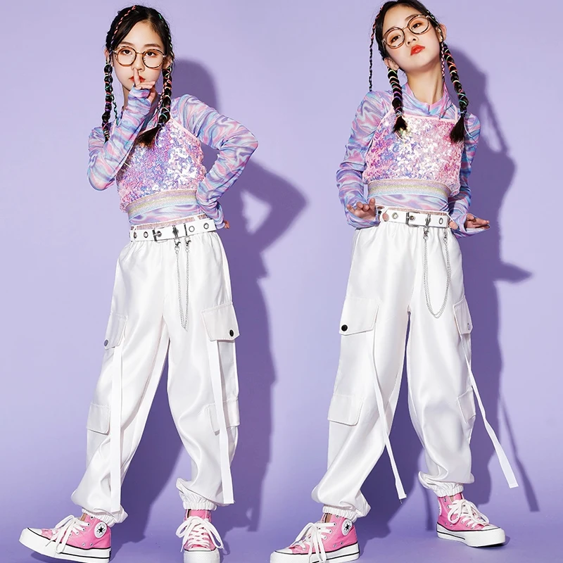 

Kid Jazz Dance Costume Girls Kpop Stage Clothes Pink Sequin Vest White Cargo Pants Kids Hip Hop Street Dance Show Clothing 1361