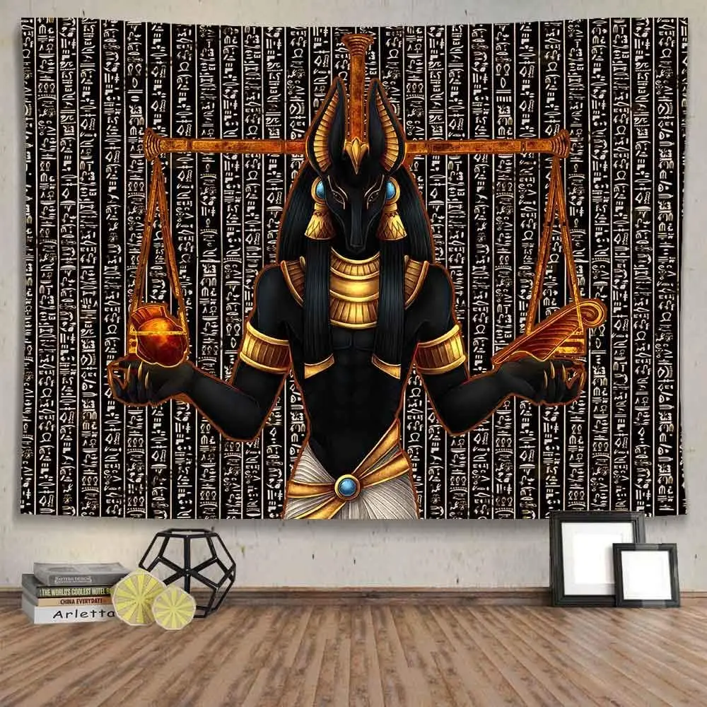 Large Egyptian Pharaoh Deity Tapestry Black Gold Hieroglyphic Boho Wall Hanging Polyester Decoration for Living Room Home Decor