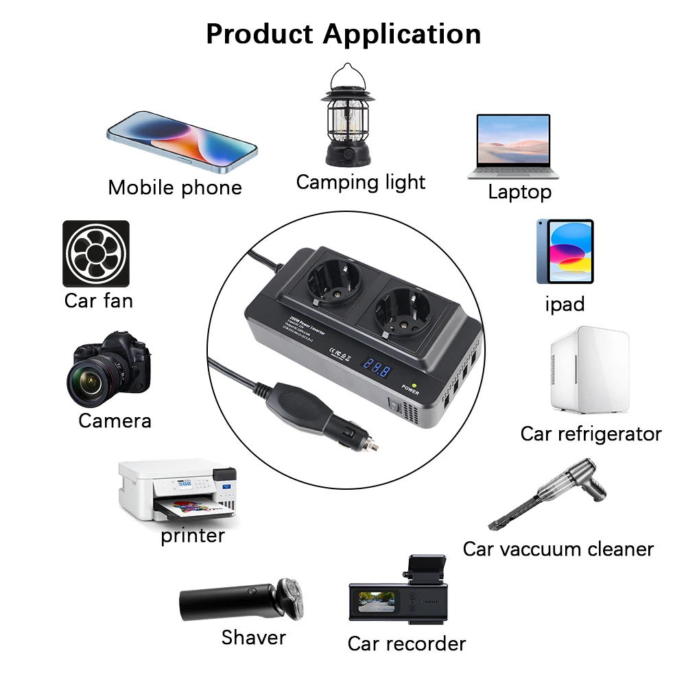 

Car 200W Inverter 4 USB DC To AC 12V to 220V Auto Mounted Inverter 400W Peak Power Accessories Cigarette Lighter AC EU Socket