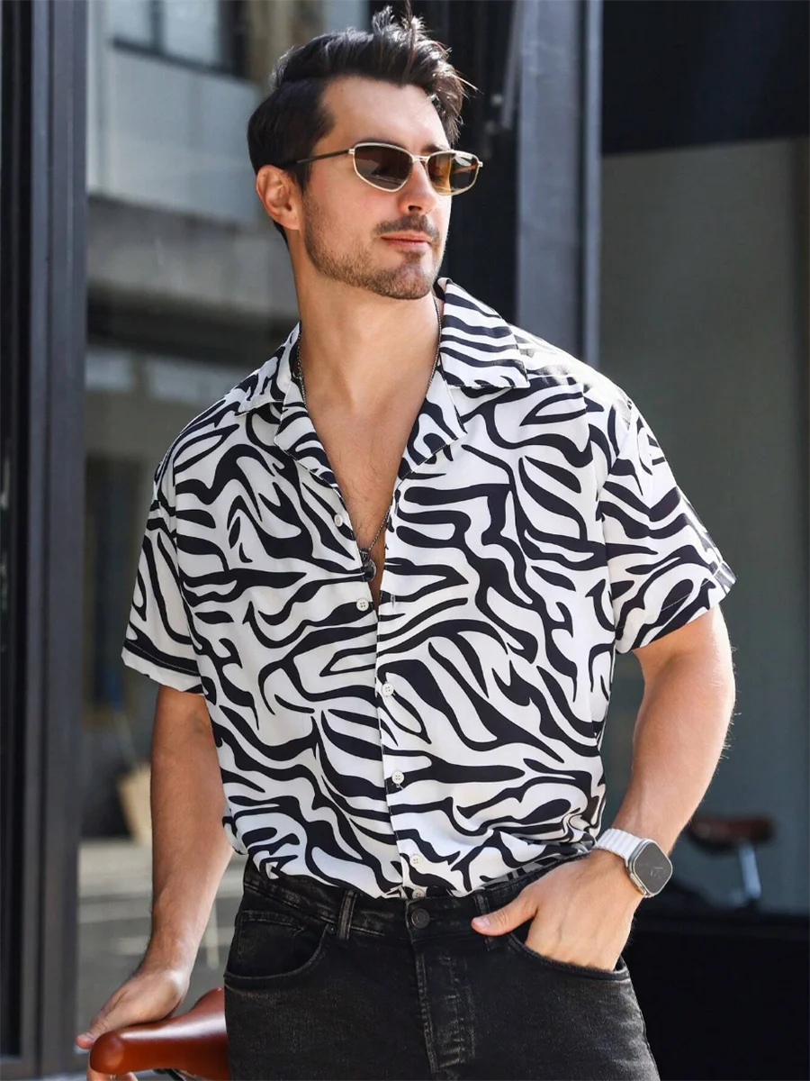 Striped Men\'s Business Casual 3D Printed Shirt Outdoor Street Summer Lapel Short Sleeve XS-5XL Stretch Fabric Shirt 2024