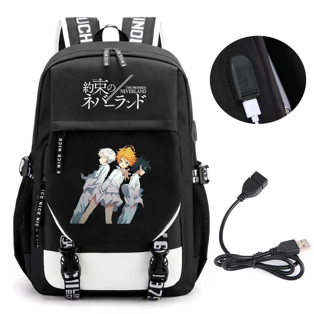 

Anime The Promised Neverland Backpack School Book Bags Mochila Travel USB Port Bag Laptop Boy Girls Backpack