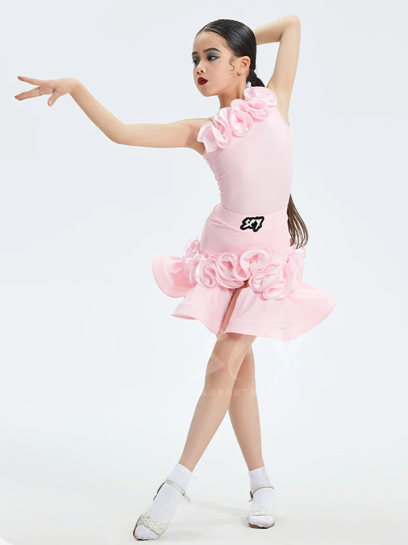 أطفال بنات اللاتينية الرقص الوردي الفطريات الدانتيل ارتداءها وتنانير هيكل السمكة رومبا Dancewear التدريب قاعة المنافسة ازياء #5