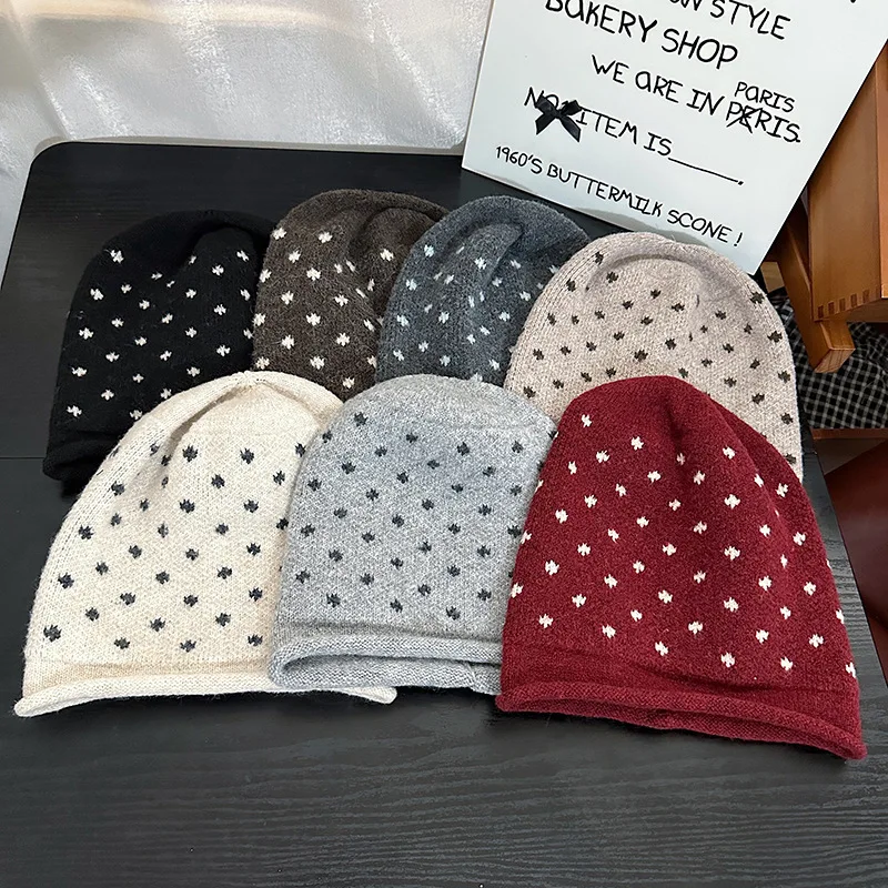 New Dots Autumn Winter Beanies Hat For Women Wool Blend Knitted Warm Casual Curl Edge Slouchy Skullies Bonnets Cap Girls Gift