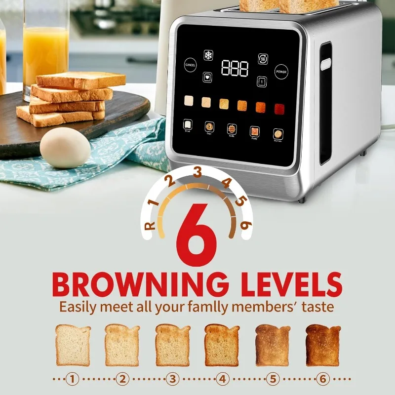 2 Slice with LCD Display Stainless Steel Digital Timer Toaster 6 Bread Types With Bagel Cancel,Defrost Functions