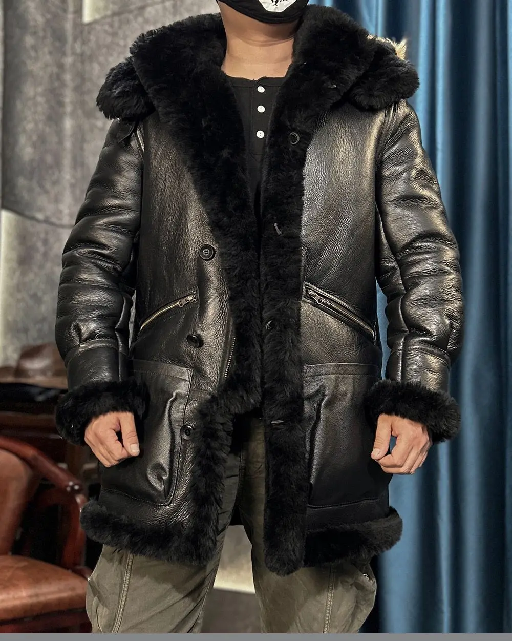 Men\'s Winter Long Coat Genuine Leather Real Sheepskin Shearling Jacket Thick Warm Wool Liner Raccoon Fur Hood Black Big Size 62