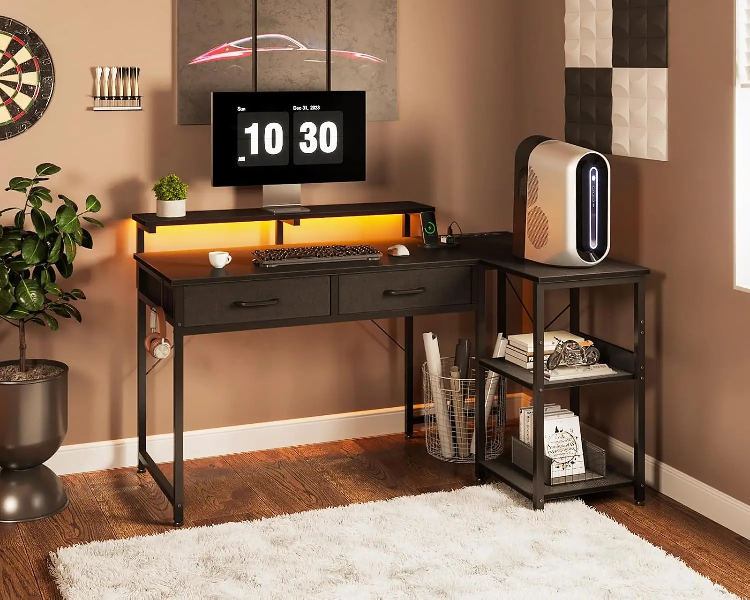 40 Inch L Shaped Gaming Desk with 2 Drawers & Storage Shelves, Computer Desk with USB Ports, Study Writing Table for Bedroom, Si