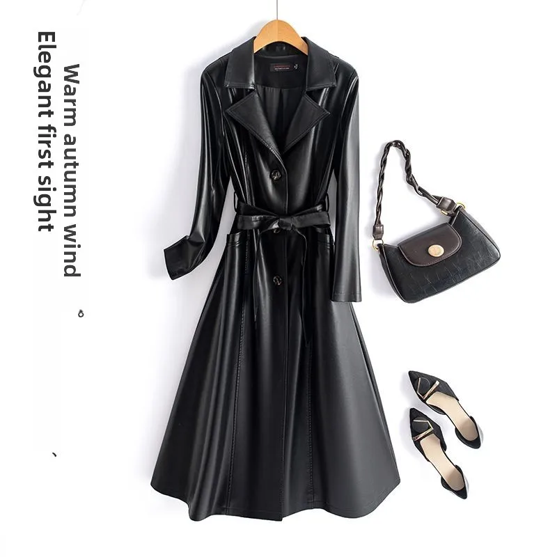 Slim Fit Stand Collar Leather Jaet Women's Sle Spring New Korean Version Long Coat Tee Button PU Material