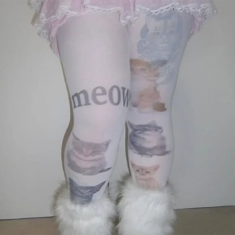 Sweet Cool Jk Cat Print Stocking Korean Ins Style Thigh High Tight Breathable Cotton Pantyhose Adjustable School Uniform Legging - view 3