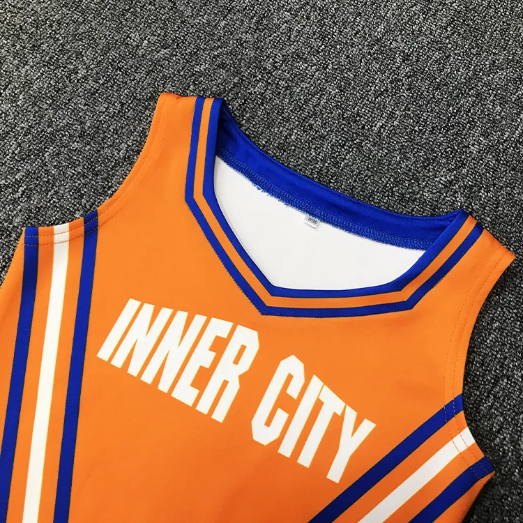 ชุดเชียร์ลีดเดอร์แบบกำหนดเอง ผ้าซับลิเมชั่น ยืดหยุ่น กระโปรงและเสื้อเจอร์ซีย์สำหรับผู้หญิงและเด็กนักเรียน