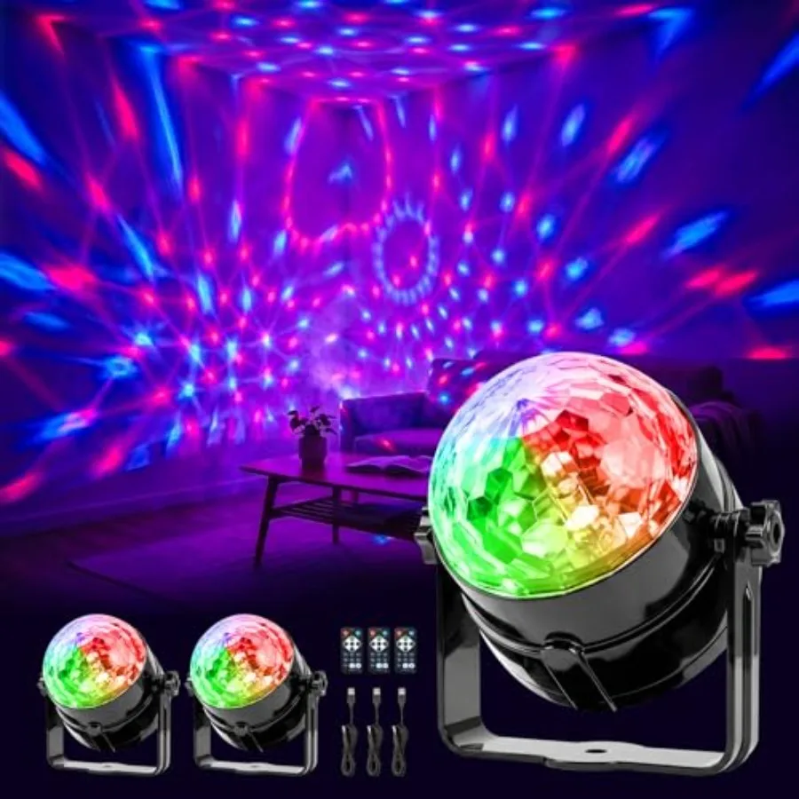 3 Pack RGB Disco Ball Lights with Sound Activation and 4.9ft Type C Cable Remote Control Strobe Lamp, 7 Projector Color Mode, f