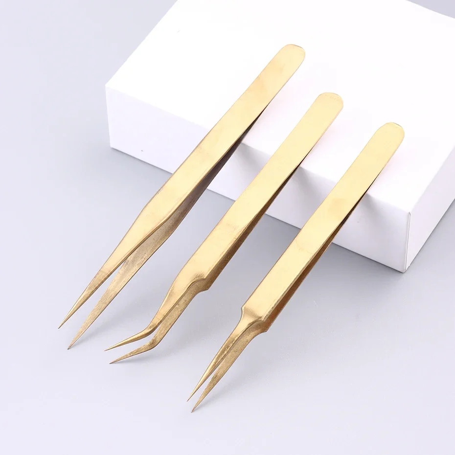 Nails Art Gold Stainless Steel Curved Straight Tweezer 3D Sticker Rhinestones Eyelash Nail Foil Nipper Picking Manicure Tools