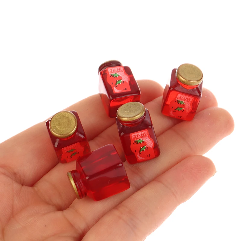 5Pcs 1/12 Dollhouse Miniature Strawberry Sauce Jam Jar Kitchen Food Accessories For Dolls House Decorations Kids Toys Gift