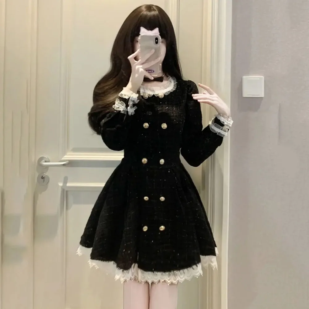 2023 Autumn Vintage Tweed Dress Party Women Casual Elegant Gothic Mini Dresses Lolita Kawaii Clothing One Piece Dress Korean Y2k