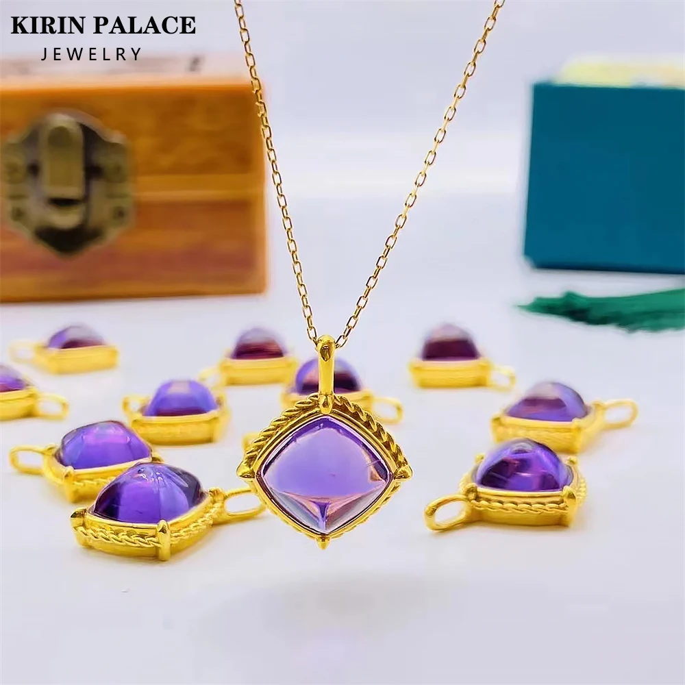 Authentic AU750 Real 18K Gold Natural Purple Crystal Pendant For Woman Yellow Gold Gift Stylish Present Fine Jewelry