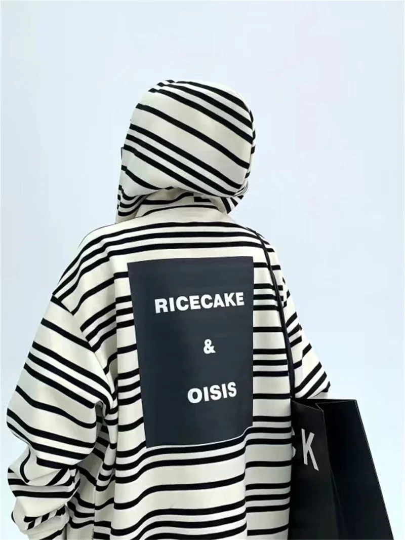 100% Pure Cotton Thickened Maillard Horizontal Stripe Hoodie Jacket Women's Casual Zebra Sports Coat Loose and Warm Top