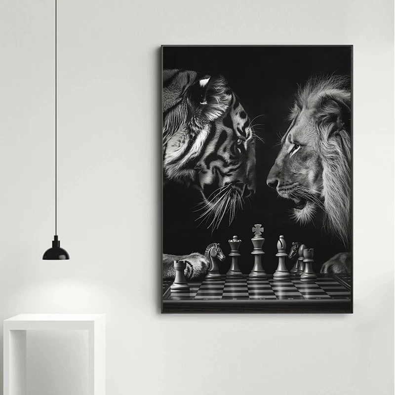 Tiger Vs Lion Chess Raccoon Chimpanzee Bear Leopard Canvas Painting Poster Print Motivational Wall Art Pictures Room Home Decor view 2