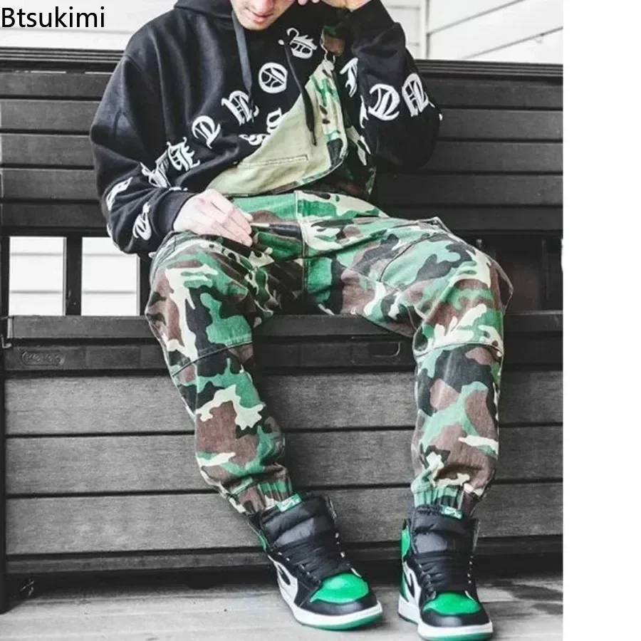 New2026 Men\'s Camouflage Strap Long Pants Overalls Cross Button Man Casual Pants Jeans One Piece Jumpsuit Denim Cargo Pants Male