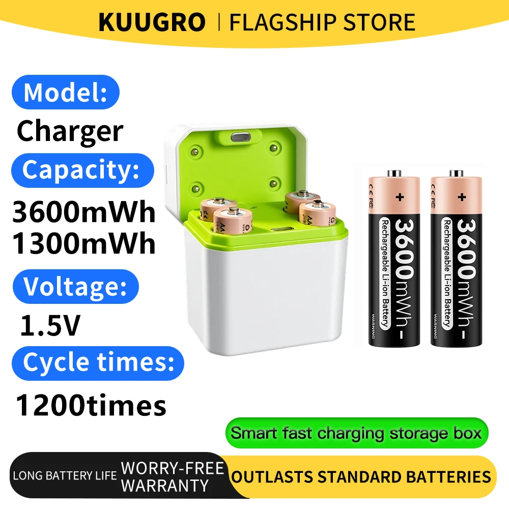 

Kuugro 1.5V AA 3600mWh AAA 1300mWh Rechargeable Battery with 4 Slot Battery Charger for Toy Game Console Mouse Remote Doorbell