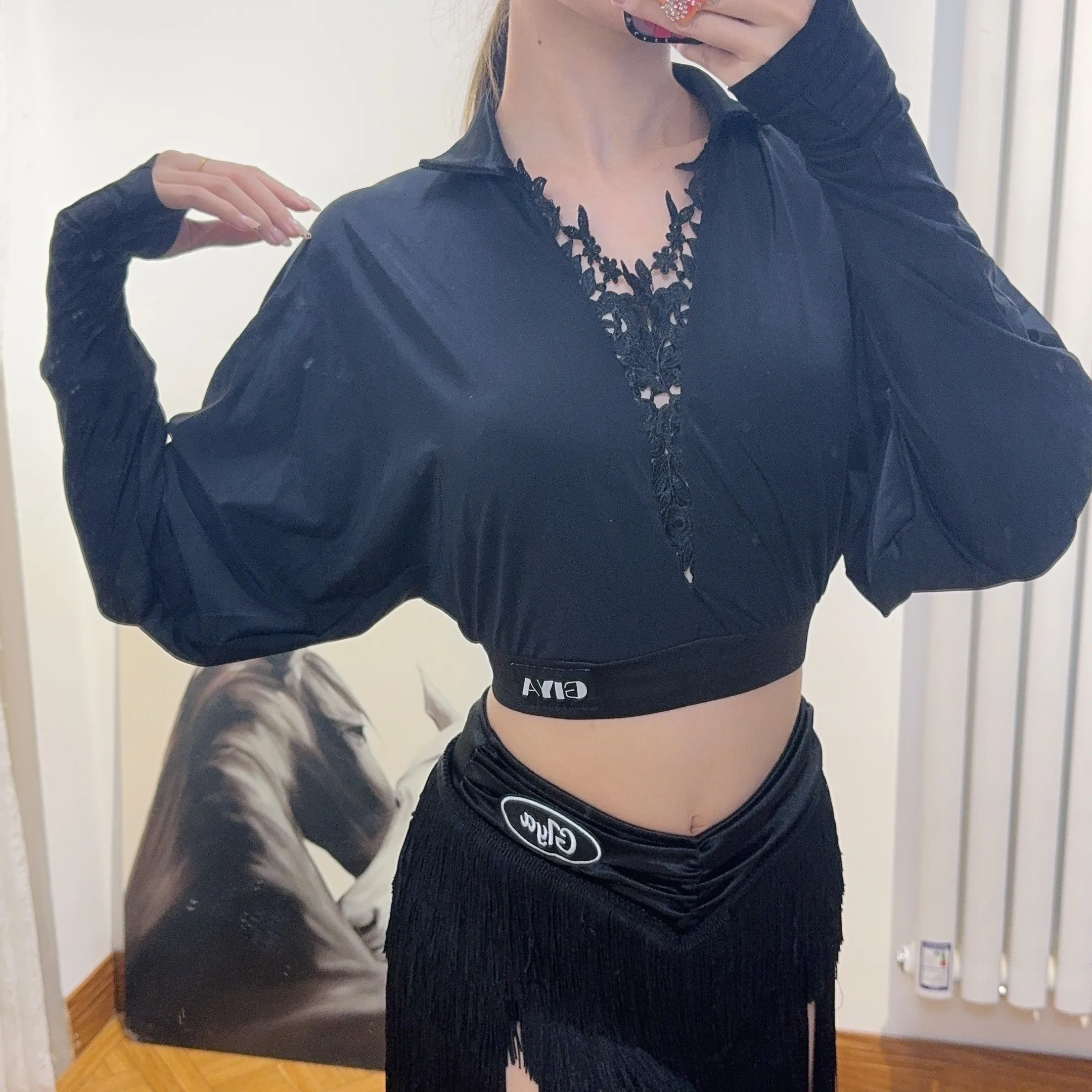 2025 여성을위한 새로운 라틴 댄스 탑 긴팔 셔츠 삼바 차차 탱고 연습 옷 성인 여성 라틴 의상 DQS20881