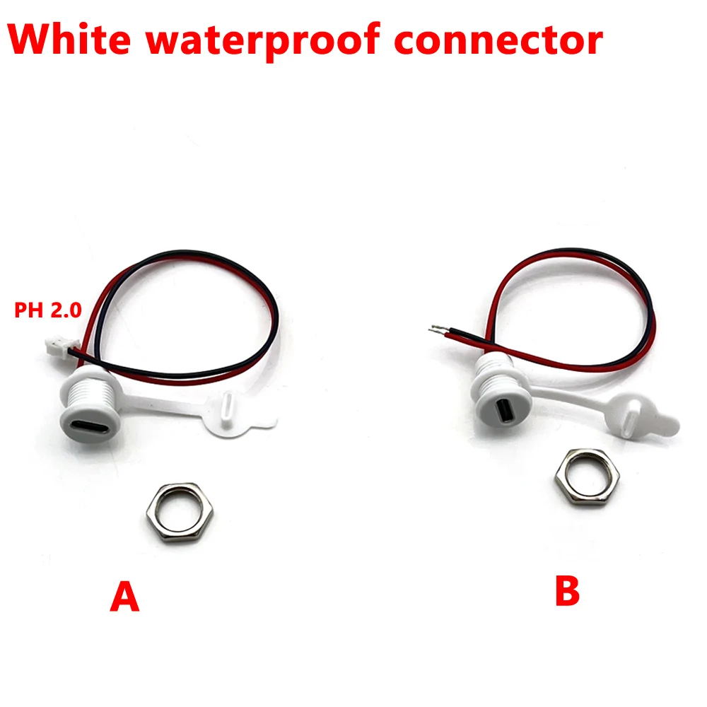 2 Pin White Waterproof USB-C Connector Type-C to PH 2.0 nut locking plate Female Waterproof High Current Fast Charging jack port