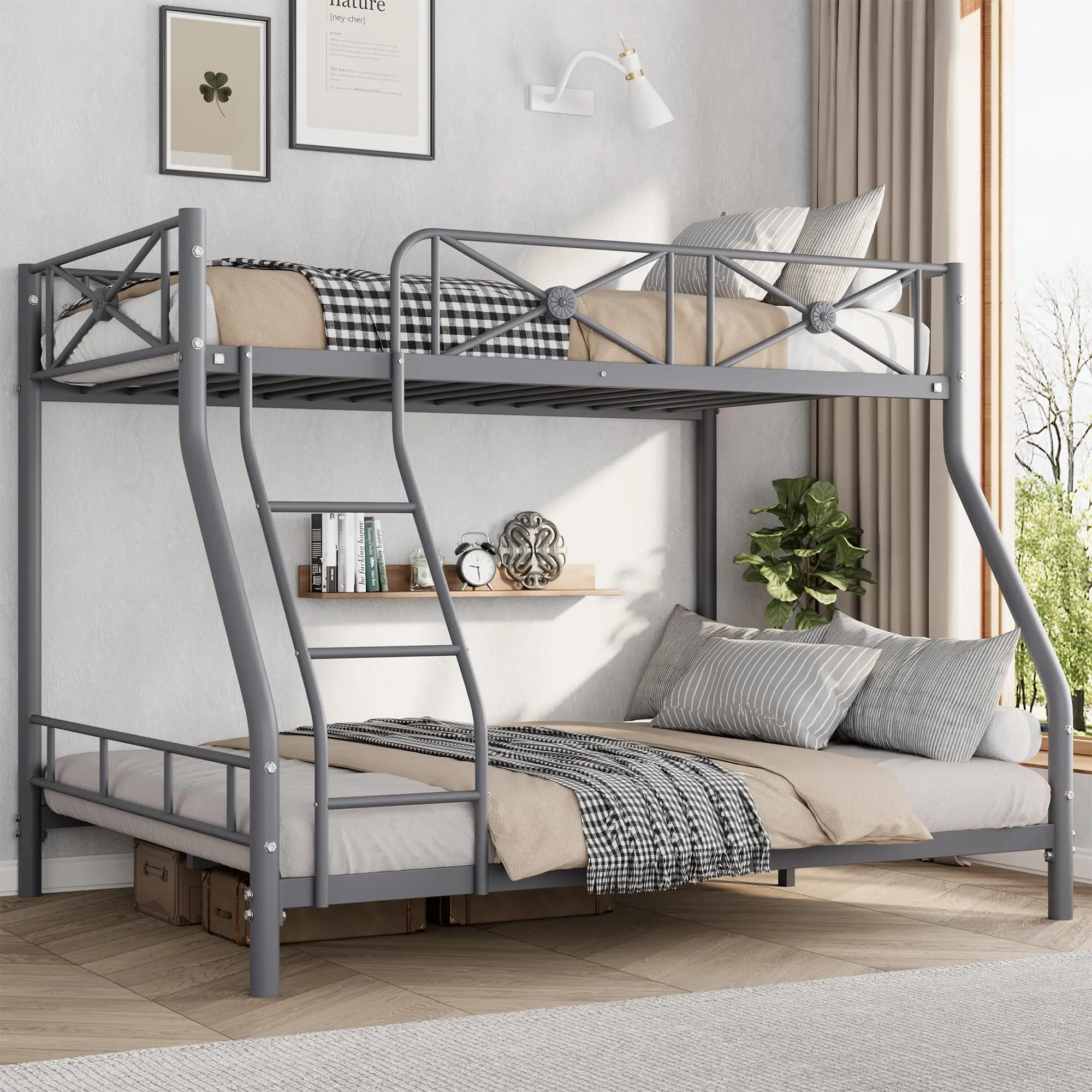 Heavy Duty Metal Twin Over Full Bunk Bed – Sturdy Steel Frame with Safety Guard Rails – Space-Saving Design for Bedroom or Dorm – Modern Style – Sand Texture Black