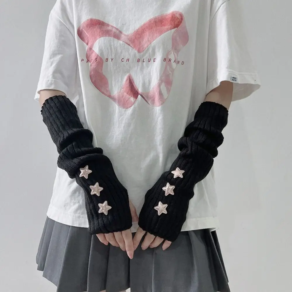Fingerless Long Wrist Gloves Arm Warmers False Sleeves Knitted Gloves Finger Sleeves Cover Black White Elbow Mittens