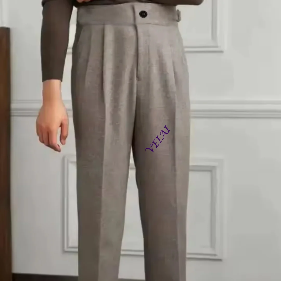 Italian Vintage Suit Pant For Men Autumn Winter Wool Herringbone Pattern Straight Trousers British Style Business Casual Pants