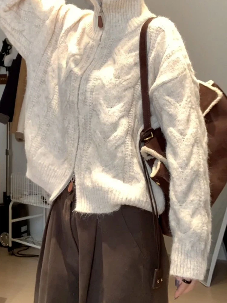 

Korean Sle High Collar Women's Knitted Sweater Winter Thi Outerwear Zipper Design Sweet Sle Long Sve Regular Length