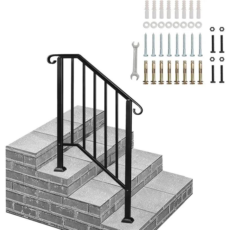 درابزين للخطوات الخارجية، درابزين من الحديد المطاوع باللون الأسود يناسب خطوتين أو 3 درابزين انتقالي مع مجموعة التثبيت