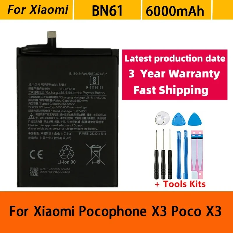 BN61High Quality Brand New 6000mAh Battery For Xiaomi Pocophone X3 Poco X3 Phone Replacement Batteries Bateria Batterij +Tools