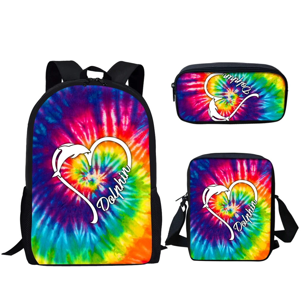 Belidome tie dye dolphin impressão 3 conjunto sacos de escola para meninos adolescentes meninas mochila casual para estudante universitário mochila infantil